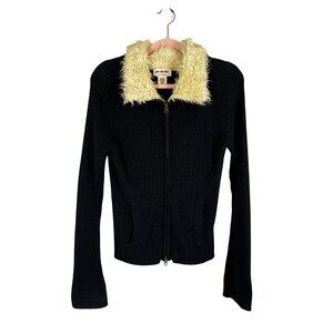 Retro Faux Fur Knit Sweater Black L Ribbed Neutral Y2K Skater Grunge Mob Wife